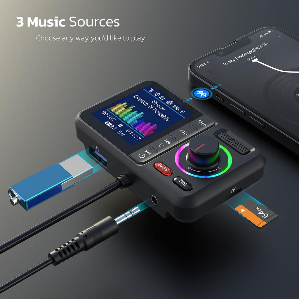 Bluetooth FM Transmitter for Car, Wireless Car Bluetooth V5.0 Adapter