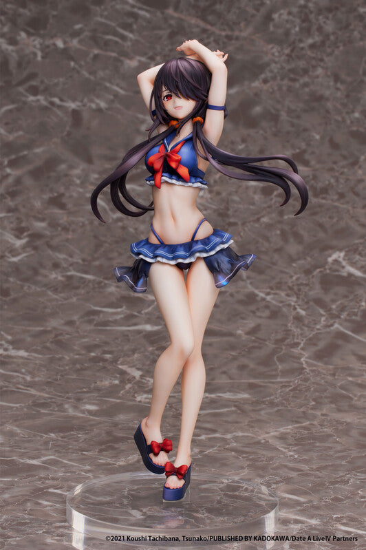 Date A Live IV Kurumi Tokisaki 1/7 scale swimsuit figure full body front view, hand on hip pose with long black hair, blue frilled bikini, red eyes and dynamic legs on clear base