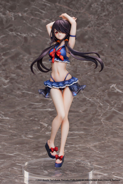 Date A Live IV Kurumi Tokisaki 1/7 scale swimsuit figure full body front view, hand on hip pose with long black hair, blue frilled bikini, red eyes and dynamic legs on clear base