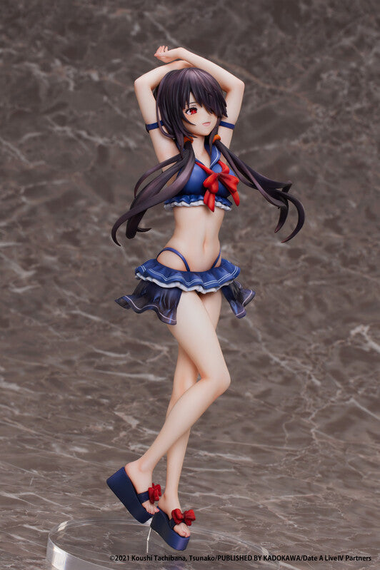 Right side view Date A Live IV Kurumi Tokisaki 1/7 scale swimsuit figure, dynamic leg lift pose with long flowing hair, blue bikini skirt and heels on watery base

