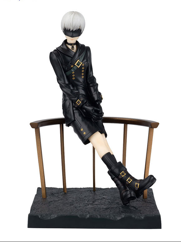 FuRyu Tenitol NieR Automata Ver1.1a 9S figure full body leaning pose on railing base, black YoRHa uniform silver hair goggles Pod sidearm holsters detailed android scanner