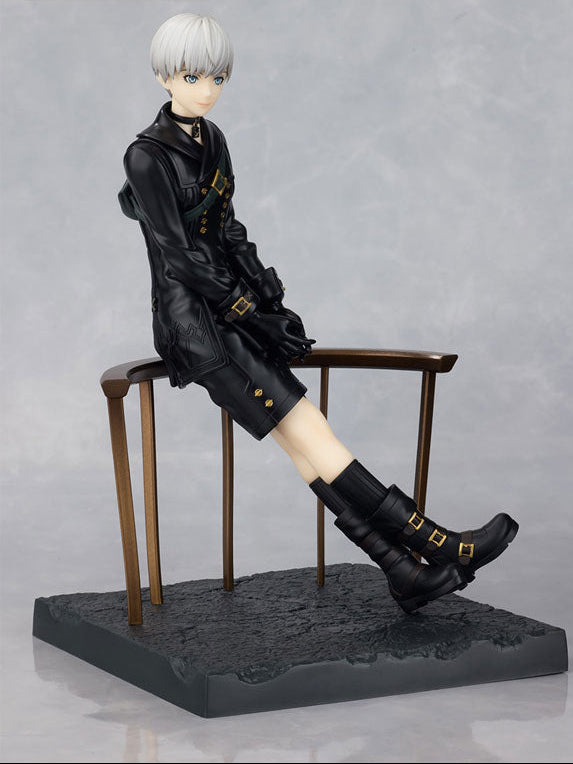 Leg dangling over railing pose FuRyu Tenitol NieR Automata Ver1.1a 9S figure, black leather YoRHa suit gloves tall boots silver hair detailed android with black display stand