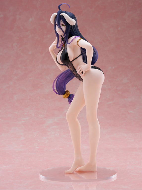 FuRyu Tenitol Overlord Tall Albedo figure three-quarter rear side view on pink backdrop, black bikini top purple hair horns, thigh tail and bare feet on clear stand
