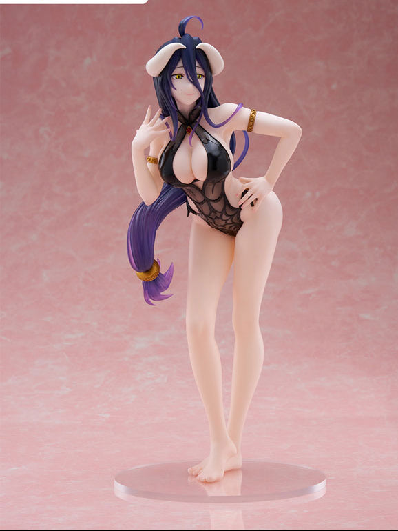 Front view FuRyu Tenitol Overlord Tall Albedo figure pink backdrop, confident hip pose black mesh bikini horns purple hair thigh accessory bare feet on stand