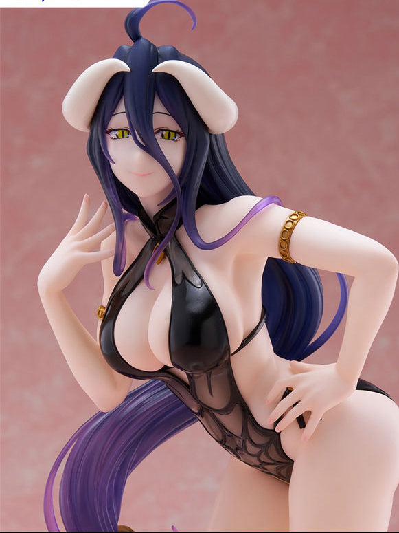 Front right angle FuRyu Tenitol Overlord Tall Albedo figure pink backdrop, peace sign pose black lace bikini horns purple ponytail thigh ornament bare legs clear display stand