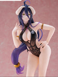 Front side view FuRyu Tenitol Overlord Tall Albedo figure on pink background, hand on hip pose black lace bikini top purple hair horns arm accessory bare legs
