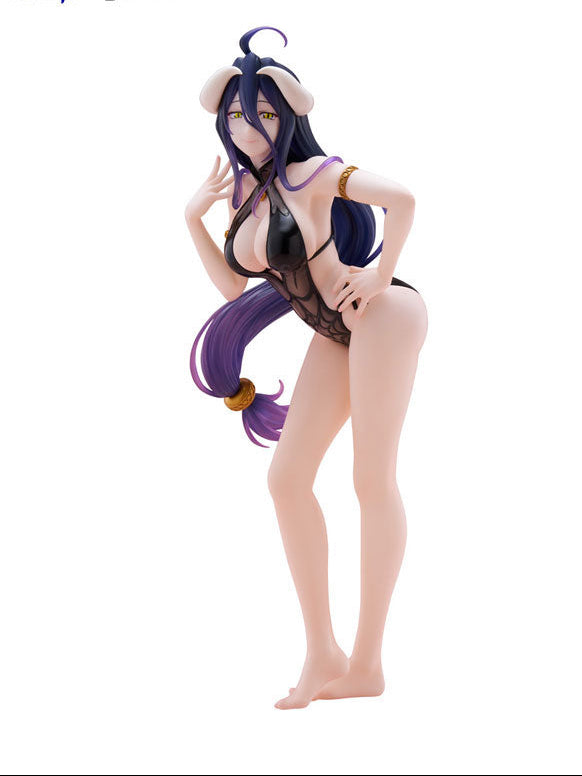 FuRyu Tenitol Overlord Tall Albedo figure back view, purple hair horns demon tail black bikini bottom, bare back and legs seductive pose