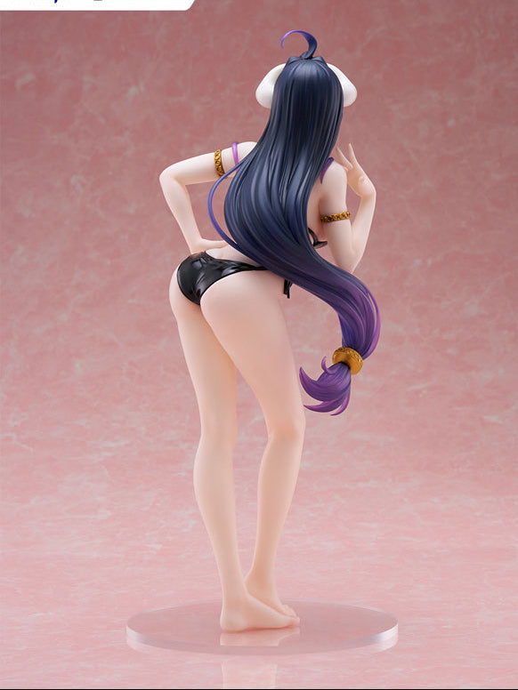 Rear three-quarter view FuRyu Tenitol Overlord Tall Albedo figure pink backdrop, hand behind back pose black bikini bottom purple hair tail horns long legs clear stand