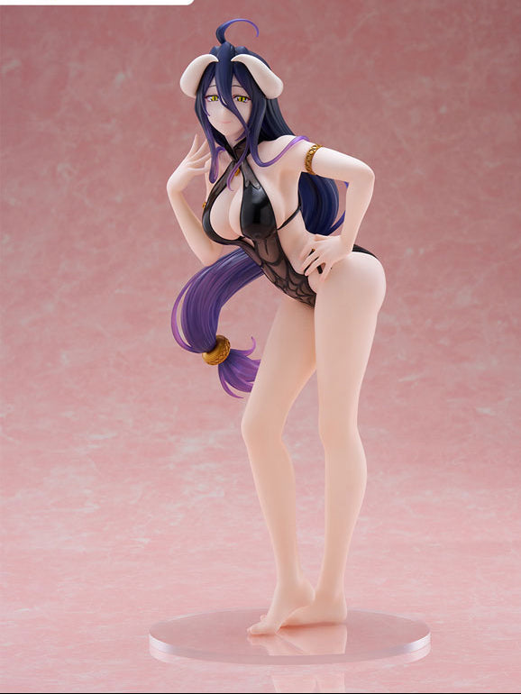 Rear view FuRyu Tenitol Overlord Tall Albedo figure on pink background, hip sway pose black string bikini bottom purple hair tail horns long bare legs clear base