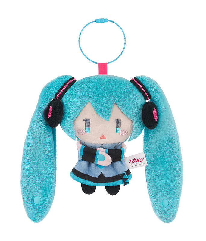Front view GSC Good Smile Hatsune Miku Character Vocal Series 01 plush keychain, turquoise pigtails headphones skirt metal ring chibi pose cute Vocaloid bag charm