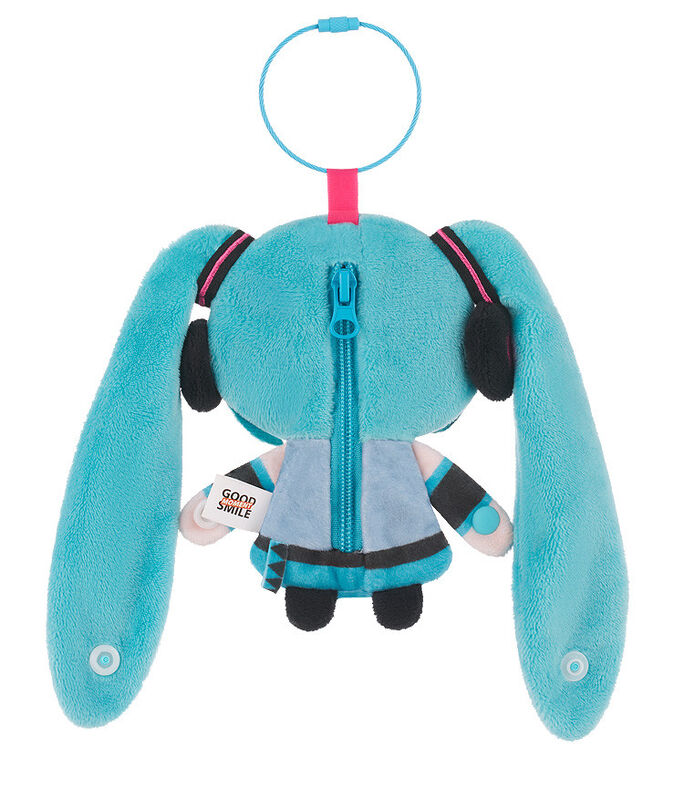 GSC Good Smile Hatsune Miku Character Vocal Series 01 keychain pouch back view, turquoise pigtails zipper closure metal ring plush fabric Vocaloid accessory