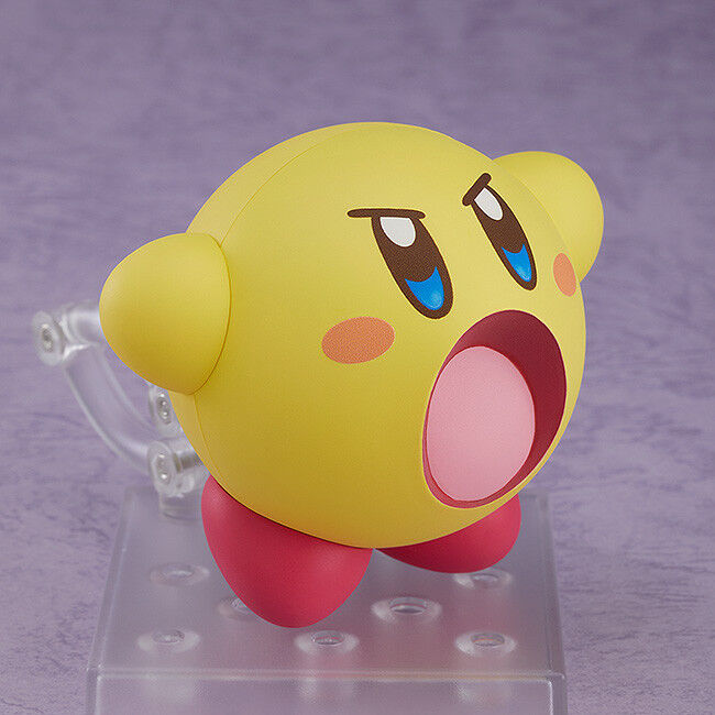Good Smile Nendoroid Kirby figure angry shouting open mouth face furrowed brows pink cheeks yellow body red feet on clear stand purple background Nintendo chibi Beam Kirby expression plate collectible toy