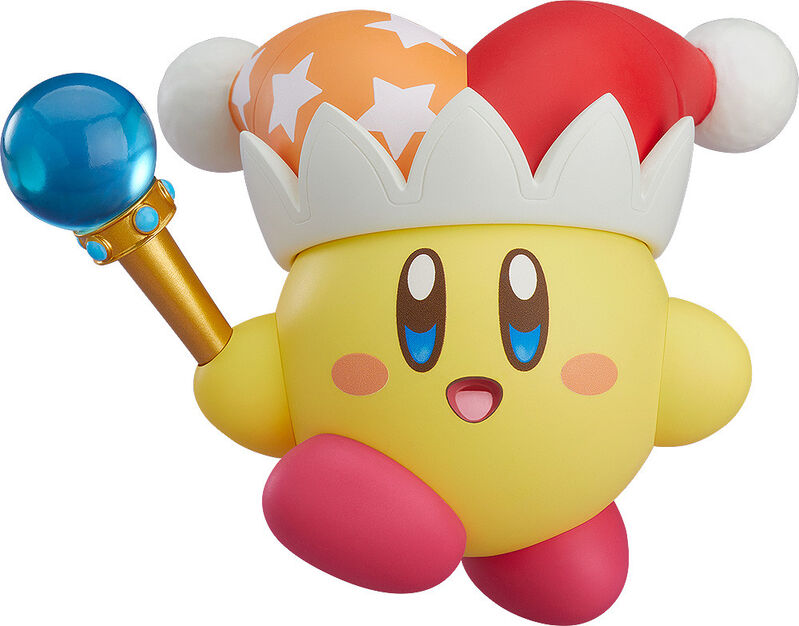 Good Smile Nendoroid Kirby figure front view holding golden star rod wand, red hat with orange stars white pom poms big sparkling eyes pink cheeks yellow body red feet Nintendo chibi collectible Beam ability pose
