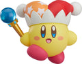 Good Smile Nendoroid Kirby figure front view holding golden star rod wand, red hat with orange stars white pom poms big sparkling eyes pink cheeks yellow body red feet Nintendo chibi collectible Beam ability pose
