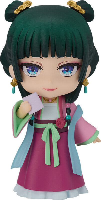 Good Smile Nendoroid Maomao from The Apothecary Diaries Garden Party Ver front view dark green twin buns hair blue eyes pink qixiong ruqun dress green accents Nintendo chibi figure GSC2070