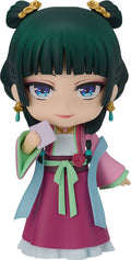 Good Smile Nendoroid Maomao from The Apothecary Diaries Garden Party Ver front view dark green twin buns hair blue eyes pink qixiong ruqun dress green accents Nintendo chibi figure GSC2070