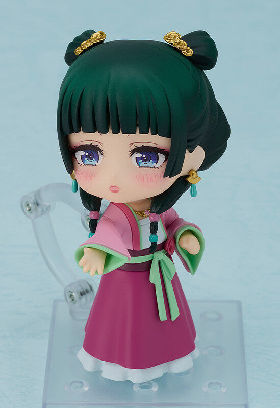 Good Smile Nendoroid Maomao Garden Party Ver impressed wide eyes face hands outstretched pose dark green hair twin buns gold pins pink ruqun hanfu green accents clear stand Kusuriya no Hitorigoto GSC2070 chibi figure