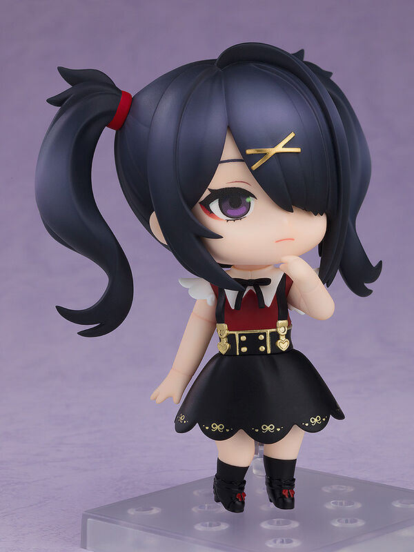 Good Smile Pop Up Parade Kizuna Akari figure bashful expression with blush side angle on clear display base, black twin tails red ribbons cross pupils sailor uniform black skirt thigh-highs shy pose chibi anime figure

