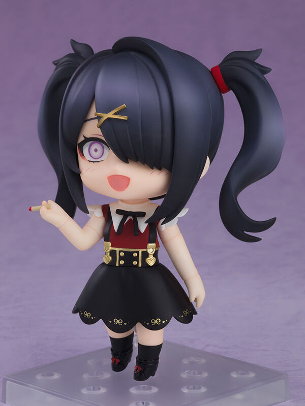 Good Smile Pop Up Parade Kizuna Akari figure cheerful wide smile waving hand pose on clear display base, black twin tails red ribbons cross pupils sailor uniform black skirt thigh-highs happy expression chibi anime merchandise
