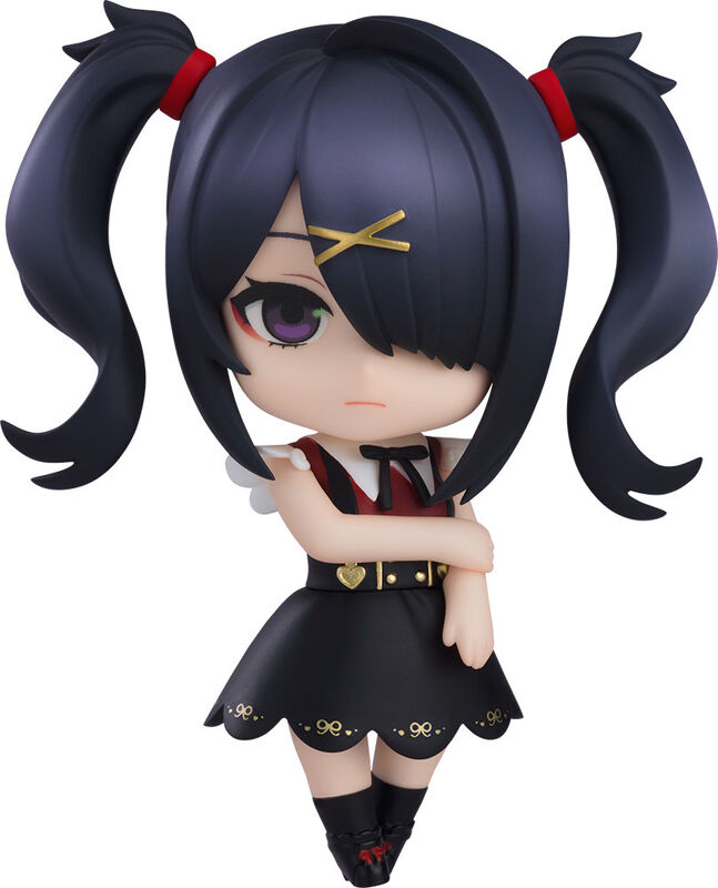 Good Smile Pop Up Parade Kizuna Akari figure front view, black twin tails red ribbons cross pupils angry expression sailor uniform black skirt thigh-highs hand-on-hip pose cute chibi scale Vocaloid merch