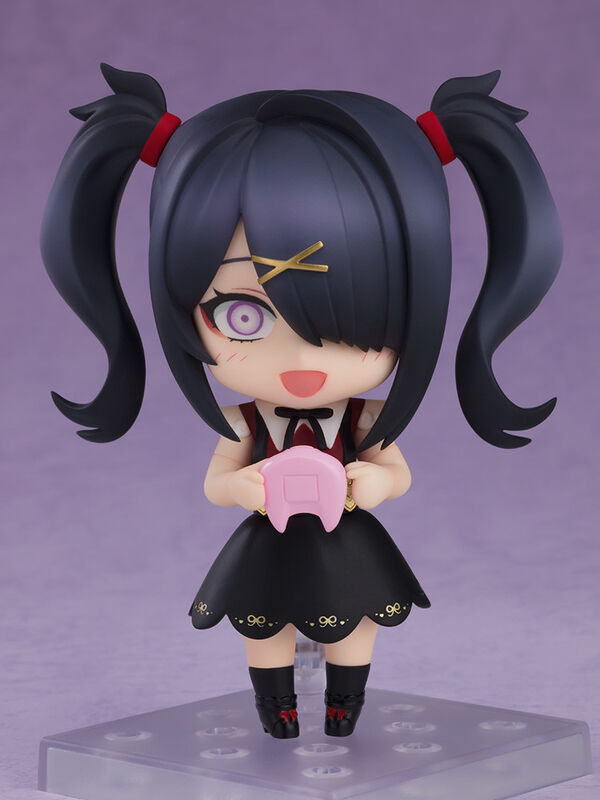 Good Smile Pop Up Parade Kizuna Akari figure smiling face plate view on clear base, black twin tails pink ribbon accessory cross pupils sailor uniform black skirt thigh-highs hands-together cute chibi expression anime collectible