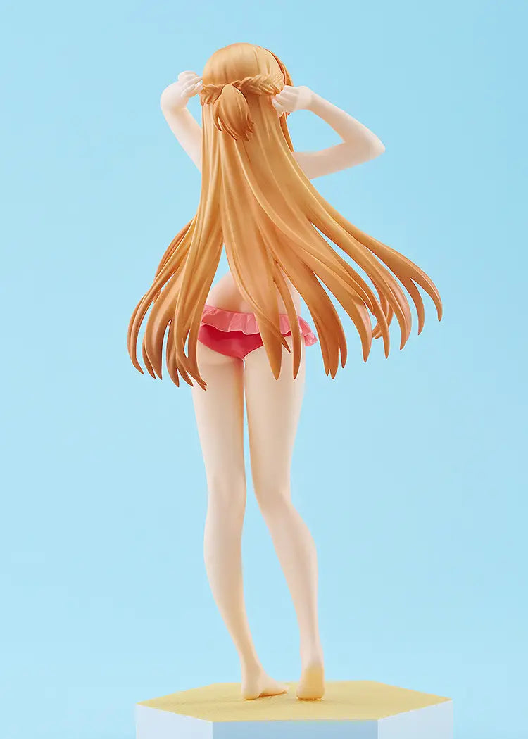 Good Smile POP UP PARADE Asuna Beach Queens pink bikini long orange hair back view hands behind head pose sandy beach display base light blue background Sword Art Online Progressive Scherzo Deep Night GSC1034 SAO figure
