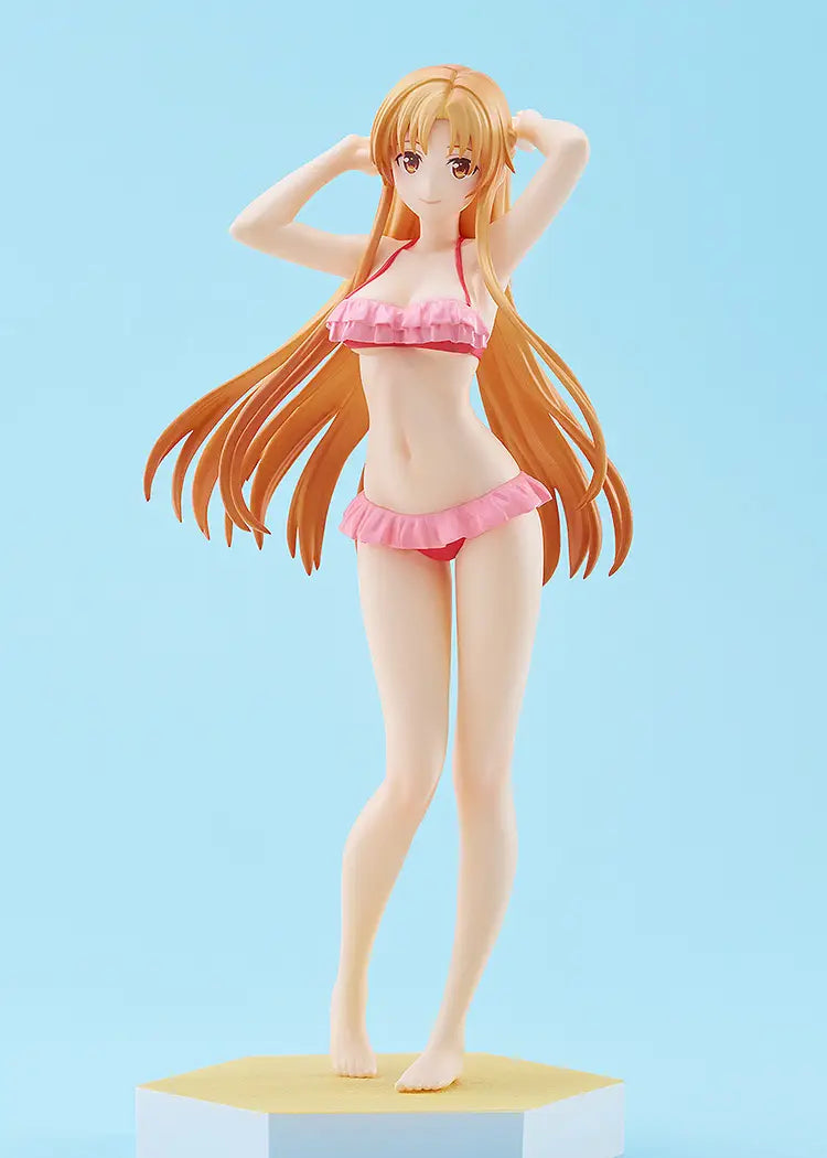 Good Smile POP UP PARADE Asuna Beach Queens pink bikini long orange hair hands up pose on sandy beach base light blue gradient background Sword Art Online Progressive Scherzo Deep Night GSC1034 SAO anime scale figure