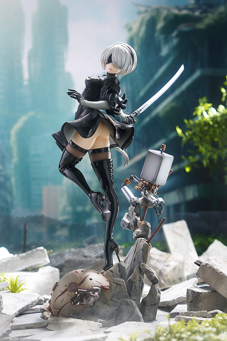 NieR Automata 2B 1/7 figure low angle dynamic sword pose Pod 042 thigh-highs rock rubble