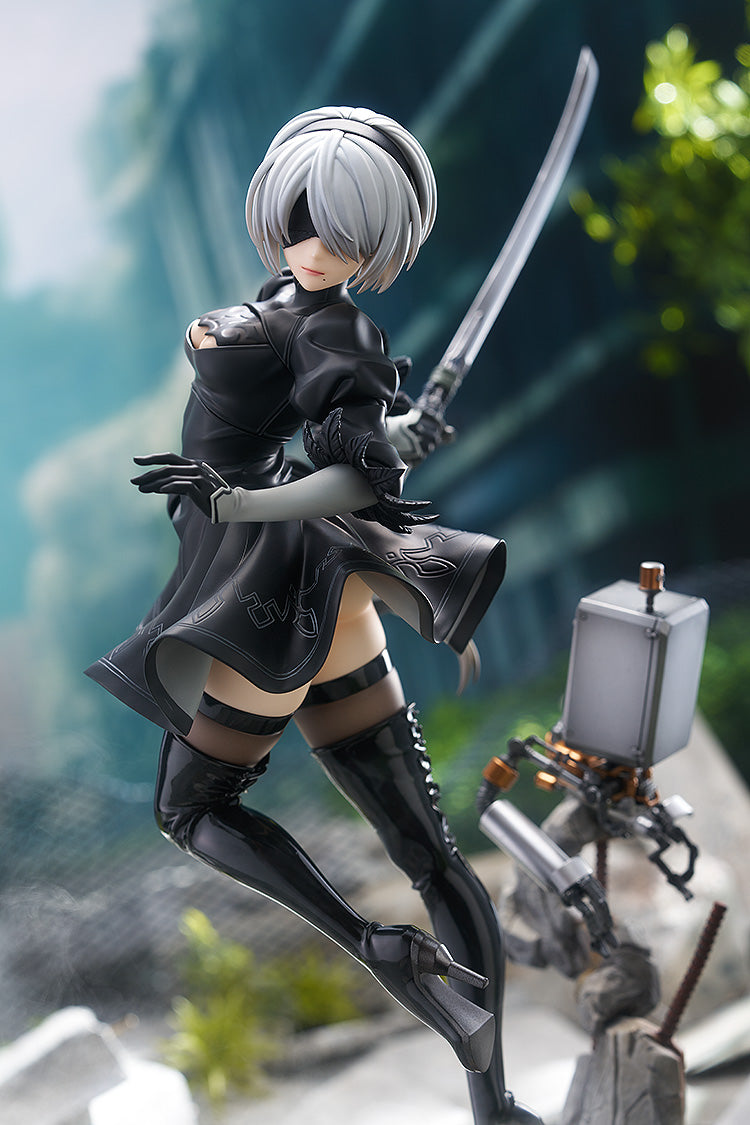 NieR Automata 2B 1/7 figure sword lunge pose Pod 042 thigh-high boots green foliage ruins