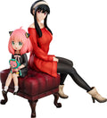 Good Smile Company SPY x FAMILY Anya and Yor 1/7 scale figure pre-order, mother-daughter casual pose with Chimera plushie on ottoman, detailed knit dress and hair sculpt
