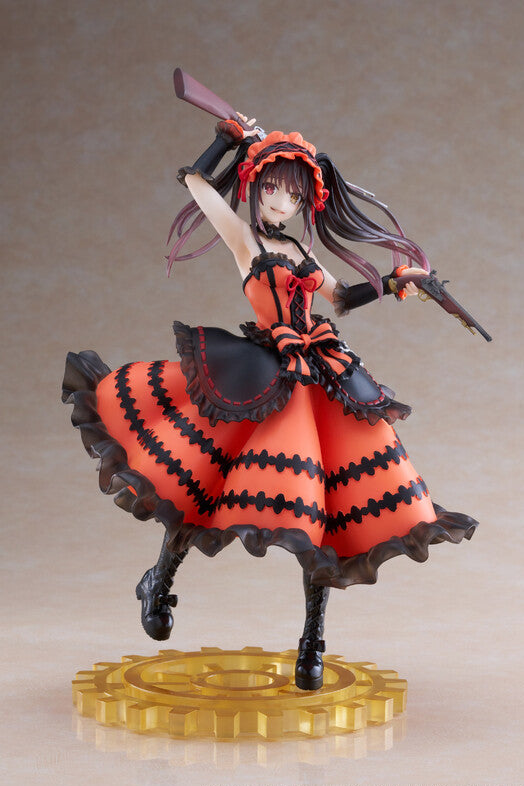 TAITO Artist Masterpiece Date A Live IV Kurumi Tokisaki Zafkiel re-run figure front view, dynamic skirt twirl pose with musket red-black gothic dress golden clock base