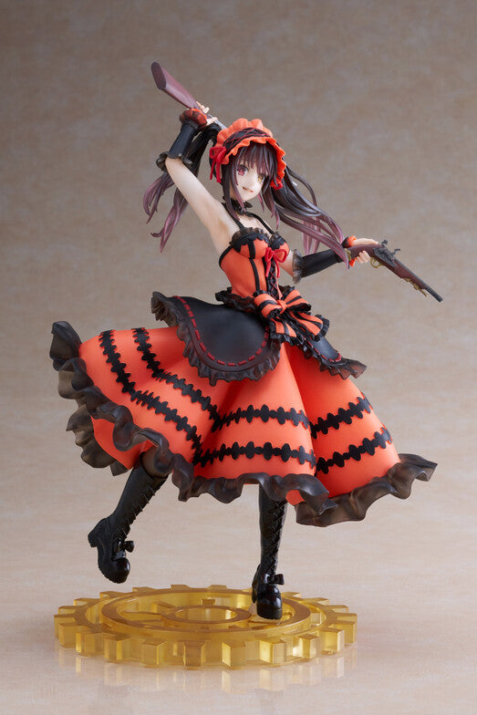 Left side action pose TAITO Artist Masterpiece Date A Live IV Kurumi Tokisaki Zafkiel re-run figure, dual gun hold skirt billow red-black gothic outfit golden gear pedestal base