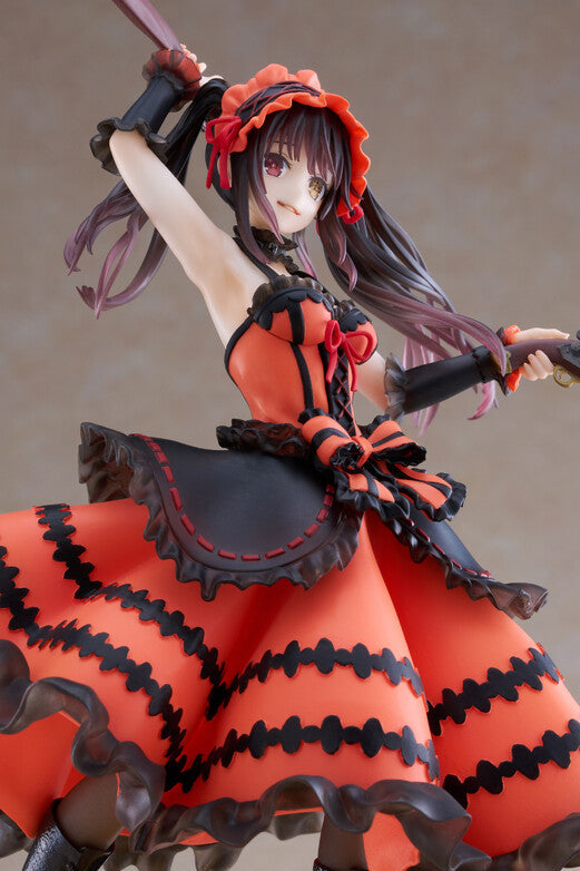 Front right angle TAITO Date A Live IV Kurumi Tokisaki Zafkiel re-run figure, gun drawn skirt flutter pose black-red layered gothic maid dress golden circular base