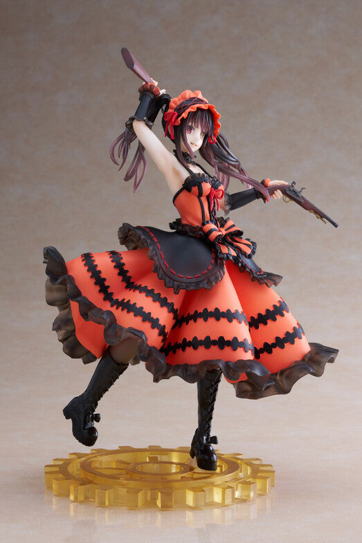 Right side view TAITO Date A Live IV Kurumi Tokisaki Zafkiel Artist Masterpiece re-run figure, gun raised skirt flare pose black-red layered dress golden clockwork base